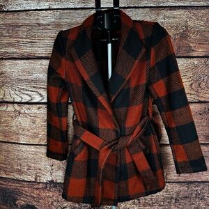 SHEIN Checkered Black and Rust Wrap belted Jacket